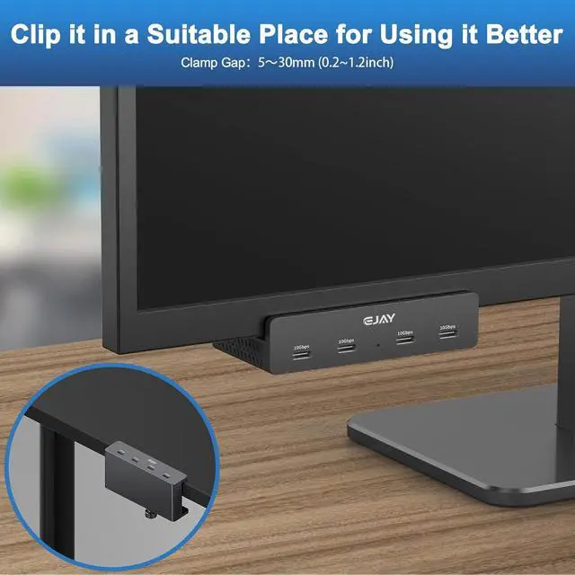 Alt view image 7 of 7 - USB C Hub Clamp Mount, 4-Port 10Gbps USB 3.2 Hub Gen 2, Aluminum Clamp On USB Hub for Monitor & Desk, Dual Cable USB C Splitter Data Hub for Mac, PC, Desktop, Black