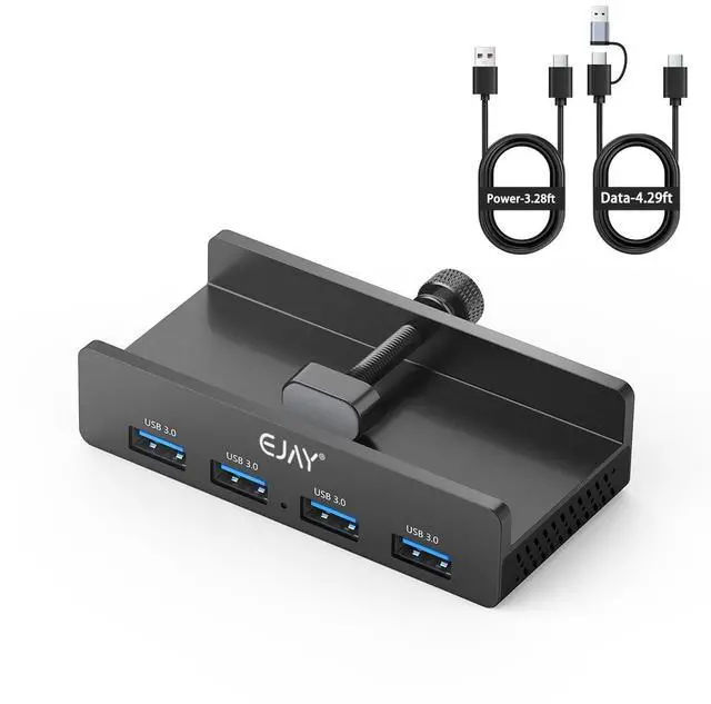 Main image of 4-Port USB 3.0 Hub with Clamp, Aluminum Desk/Monitor Mount Hub for PC, Mac, Linux, 5Gbps High-Speed Data Transfer, Extra Power Port for Stable Connection, 59in Data Cable, Black