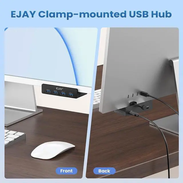 Alt view image 2 of 7 - 4-Port USB 3.0 Hub with Clamp, Aluminum Desk/Monitor Mount Hub for PC, Mac, Linux, 5Gbps High-Speed Data Transfer, Extra Power Port for Stable Connection, 59in Data Cable, Black