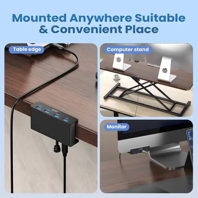 Alt view image 4 of 7 - 4-Port USB 3.0 Hub with Clamp, Aluminum Desk/Monitor Mount Hub for PC, Mac, Linux, 5Gbps High-Speed Data Transfer, Extra Power Port for Stable Connection, 59in Data Cable, Black