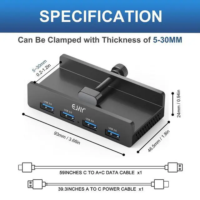 Alt view image 6 of 7 - 4-Port USB 3.0 Hub with Clamp, Aluminum Desk/Monitor Mount Hub for PC, Mac, Linux, 5Gbps High-Speed Data Transfer, Extra Power Port for Stable Connection, 59in Data Cable, Black