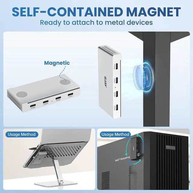Alt view image 3 of 7 - Magnetic USB C Hub 10Gbps, 4 Port USB 3.2 Gen2 Desktop USB Hub with 47in Long Data Cable, Desk Mount USB C Hub Magnetic to Attach to Desk/PC Case, Powered USB Data Hub for PC, Mac, Silver