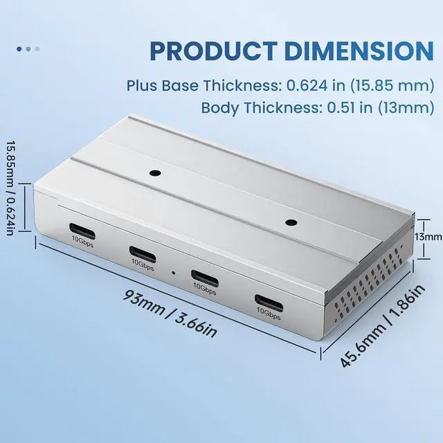Alt view image 7 of 7 - Magnetic USB C Hub 10Gbps, 4 Port USB 3.2 Gen2 Desktop USB Hub with 47in Long Data Cable, Desk Mount USB C Hub Magnetic to Attach to Desk/PC Case, Powered USB Data Hub for PC, Mac, Silver