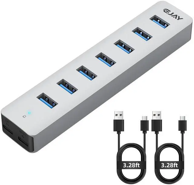 Main image of 7 Ports USB Hub, Aluminum Multiport Desktop USB Adapter Powered USB Splitter for Laptop, Mobile Phones, PC, PS4 and Other USB Devices(3.3Ft Data Cable+3.3Ft Charging Cable)