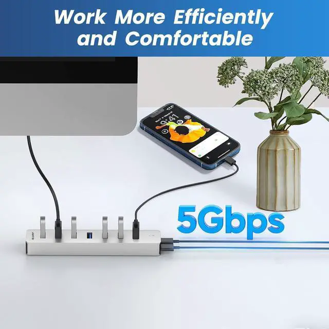 Alt view image 3 of 7 - 7 Ports USB Hub, Aluminum Multiport Desktop USB Adapter Powered USB Splitter for Laptop, Mobile Phones, PC, PS4 and Other USB Devices(3.3Ft Data Cable+3.3Ft Charging Cable)