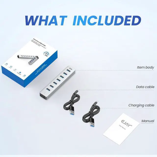 Alt view image 7 of 7 - 7 Ports USB Hub, Aluminum Multiport Desktop USB Adapter Powered USB Splitter for Laptop, Mobile Phones, PC, PS4 and Other USB Devices(3.3Ft Data Cable+3.3Ft Charging Cable)