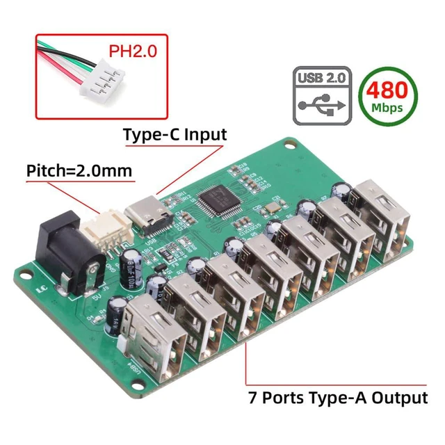 Alt view image 2 of 7 - xiwai USB2.0 Type-C & 4Pin Pitch=2.0mm Wafer 1-to-7 Ports Type-A HUB Splitter PCBA Expansion Module Board PCs Multiport 4 Devices for Keyboard Mouse Scanner Printer