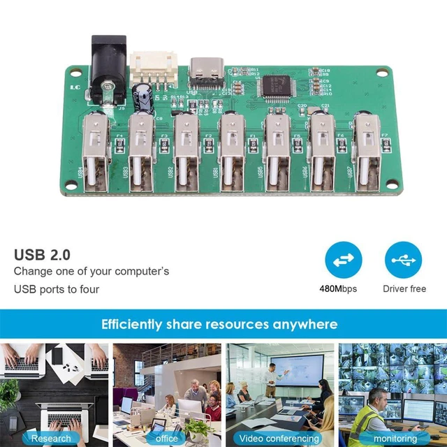 Alt view image 7 of 7 - xiwai USB2.0 Type-C & 4Pin Pitch=2.0mm Wafer 1-to-7 Ports Type-A HUB Splitter PCBA Expansion Module Board PCs Multiport 4 Devices for Keyboard Mouse Scanner Printer