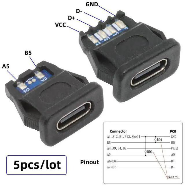 Alt view image 4 of 7 - xiwai 5pcs/Set DIY OEM Type C Female Socket Connector to 6Pin PCBA Pinout Rectangle Latch Mount Type PD Power DC 5V/20V IP67 for Wiring