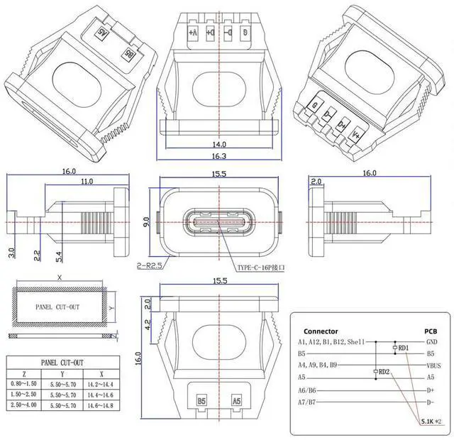 Alt view image 5 of 7 - xiwai 5pcs/Set DIY OEM Type C Female Socket Connector to 6Pin PCBA Pinout Rectangle Latch Mount Type PD Power DC 5V/20V IP67 for Wiring