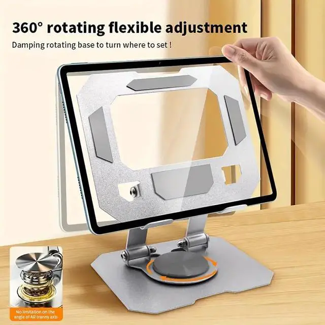 Alt view image 4 of 6 - Foldable Metal Tablet Holder Adjustable 360 Degree Rotating Hollowed Tablet Rack Height Adjustable Tablet PC Stand Silver