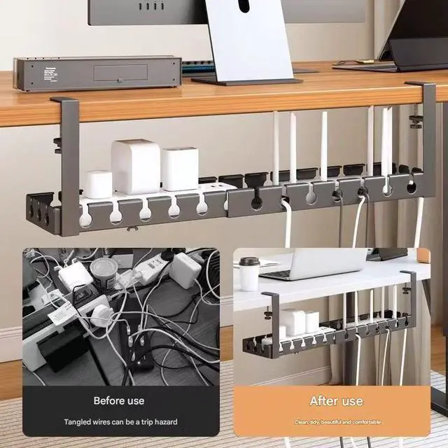 Alt view image 3 of 6 - Under Desk Metal Cable Organizer & Rack Standing Type Single Tier Power Cord Storage Box No Drilling Desktop Socket Management