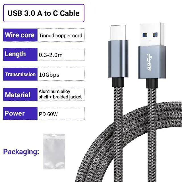 Alt view image 3 of 6 - USB3.0 Data Cable 3A High Current PD60W Fast Charging Aluminum Braided Network 10Gbps Transmission