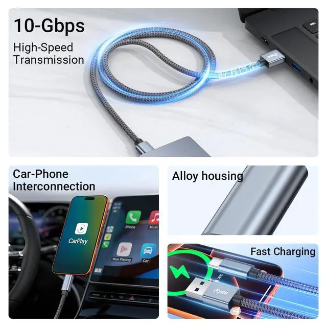 Alt view image 3 of 6 - USB3.0 Data Cable 3A High Current PD60W Fast Charging Aluminum Braided Network 10Gbps Transmission Cable Length Net:0.5 m