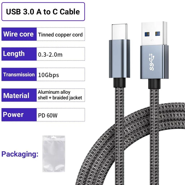 Alt view image 2 of 6 - USB3.0 Data Cable 3A High Current PD60W Fast Charging Aluminum Braided Network 10Gbps Transmission Cable Length Net:1 m