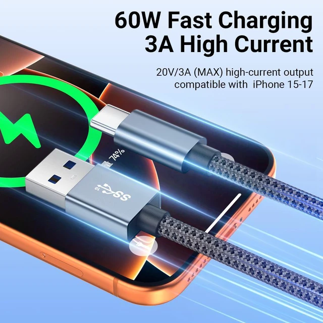 Alt view image 4 of 6 - USB3.0 Data Cable 3A High Current PD60W Fast Charging Aluminum Braided Network 10Gbps Transmission Cable Length Net:1 m