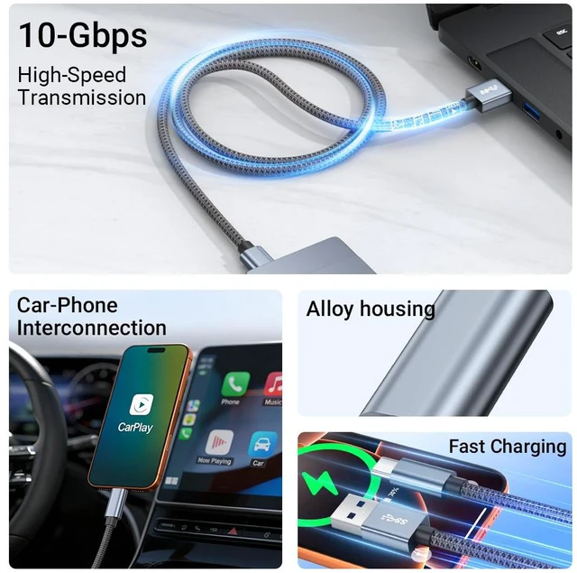 Alt view image 3 of 6 - USB3.0 Data Cable 3A High Current PD60W Fast Charging Aluminum Braided Network 10Gbps Transmission Cable Length Net:1 m