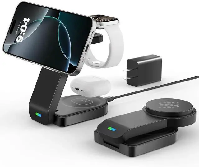 Main image of 3 in 1 Wireless Charging Station Compatible with Apple,Foldable Magnetic Wireless Charger for iPhone 17/16/15/14/13/12,Apple Watch Series 11/Ultra 3/SE 3/10/9/8/7/6/5/4,Air-Pods Pro 3/4/3/Pro/2(Black)