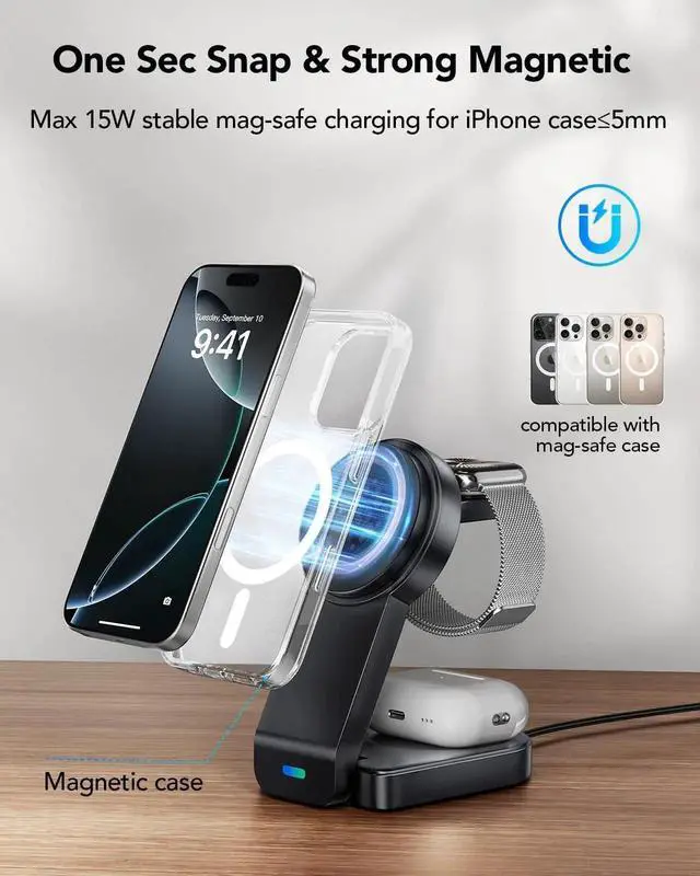 Alt view image 2 of 6 - 3 in 1 Wireless Charging Station Compatible with Apple,Foldable Magnetic Wireless Charger for iPhone 17/16/15/14/13/12,Apple Watch Series 11/Ultra 3/SE 3/10/9/8/7/6/5/4,Air-Pods Pro 3/4/3/Pro/2(Black)