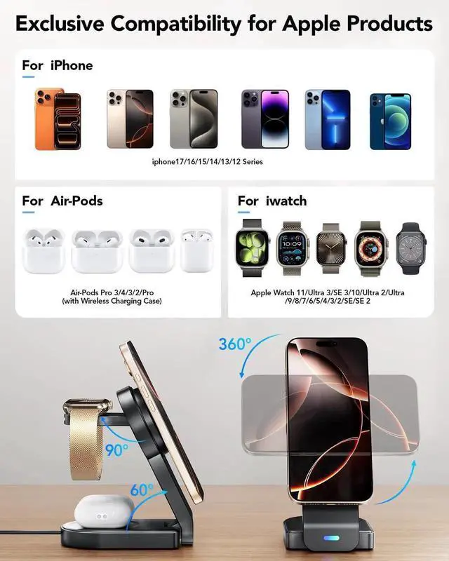 Alt view image 6 of 6 - 3 in 1 Wireless Charging Station Compatible with Apple,Foldable Magnetic Wireless Charger for iPhone 17/16/15/14/13/12,Apple Watch Series 11/Ultra 3/SE 3/10/9/8/7/6/5/4,Air-Pods Pro 3/4/3/Pro/2(Black)