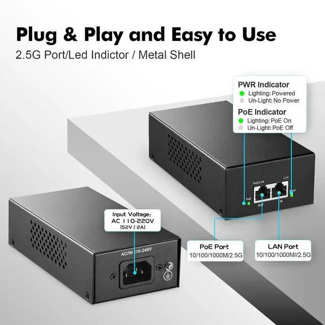 Alt view image 4 of 7 - 2.5 Gigabit PoE+ Injector 90W, 802.3af/at/bt Power Over Ethernet PoE Adapter, 100/1000/2500Mbps, Non-PoE to PoE Adapter, Plug & Play, Distance Up to 100 Meters (328 ft.)