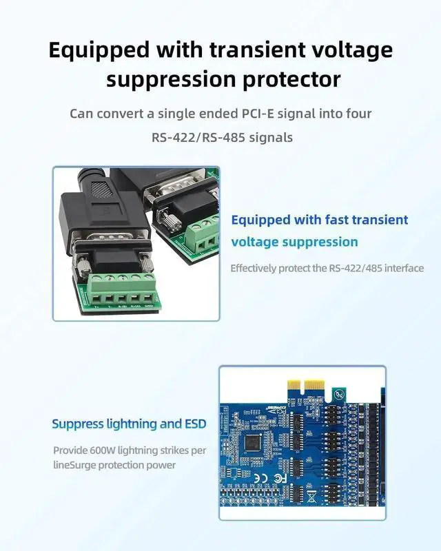 Alt view image 7 of 7 - PCIe to 4-Port RS-485/422 Serial Card, High-Speed 9-Pin DB9 COM Port Expansion with Surge/Lightning Protection, Voltage Suppression Terminal Blocks