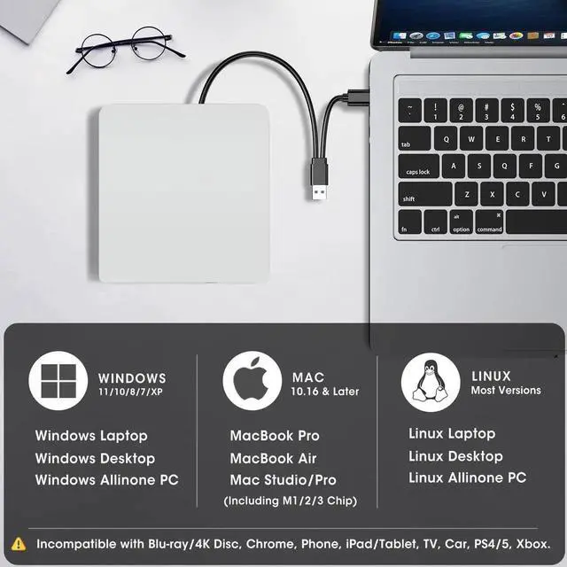 Alt view image 2 of 7 - External CD DVD Drive for Mac Laptop, USB 3.0 & USB-C CD DVD Reader Writer Burner Player ROM/RW Portable Optical Disc Drive for Apple MacBook Pro, iMac, Windows 11/10/8/7 Computer PC, White