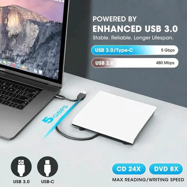 Alt view image 3 of 7 - External CD DVD Drive for Mac Laptop, USB 3.0 & USB-C CD DVD Reader Writer Burner Player ROM/RW Portable Optical Disc Drive for Apple MacBook Pro, iMac, Windows 11/10/8/7 Computer PC, White