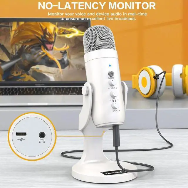 Alt view image 2 of 7 - Podcast Microphone, Noise Cancellation Mic with Gain, Volume Adjustment & Mute Button, Monitor & Echo, for ASMR, Vocal Recording, YouTube, TikTok, PC, iPhone, iPad, Android, Mac, K66, White