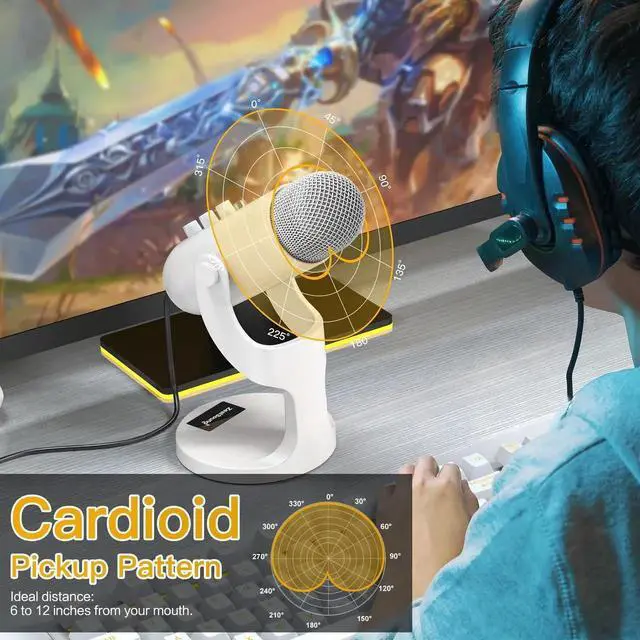 Alt view image 3 of 7 - Podcast Microphone, Noise Cancellation Mic with Gain, Volume Adjustment & Mute Button, Monitor & Echo, for ASMR, Vocal Recording, YouTube, TikTok, PC, iPhone, iPad, Android, Mac, K66, White