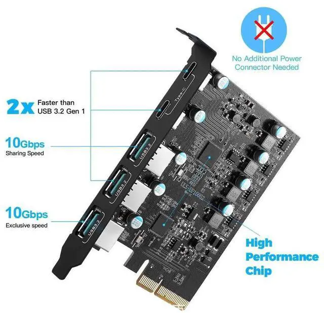 Alt view image 5 of 7 - PCIe to USB 3.2 Gen 2 Adapter Card with 20 Gbps Bandwidth 5-Port PCI Express Expansion Card Internal USB Hub PCI-E Add-on Cards Riser for Windows 10/8/7 and MAC OS 10.8.2 Above (2X USB C -3X USB A)