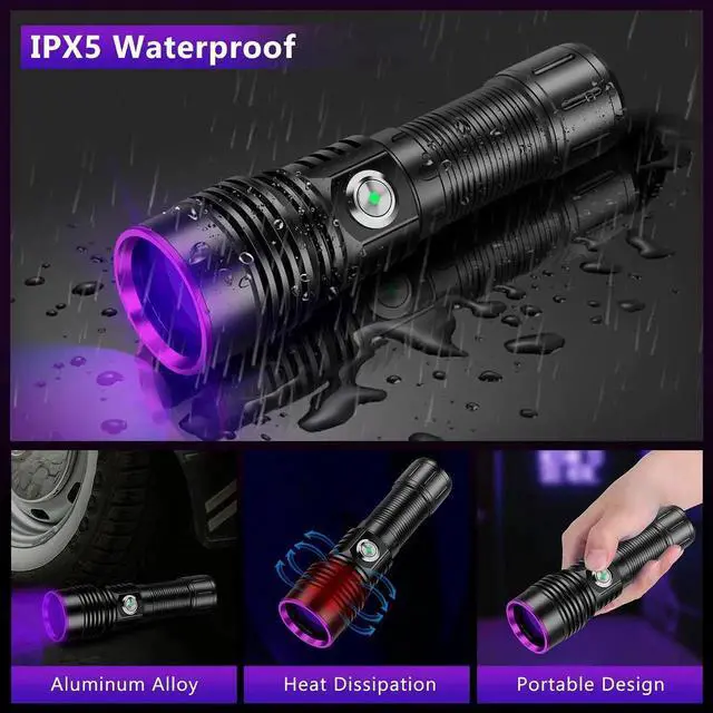 Alt view image 3 of 7 - UV Flashlight Rechargeable, 365nm Blacklight Flashlights Powerful, Black Light for Pet Urine Detection, Scorpions, Resin Curing, Rocks, Blood Tracking, Uranium Glass