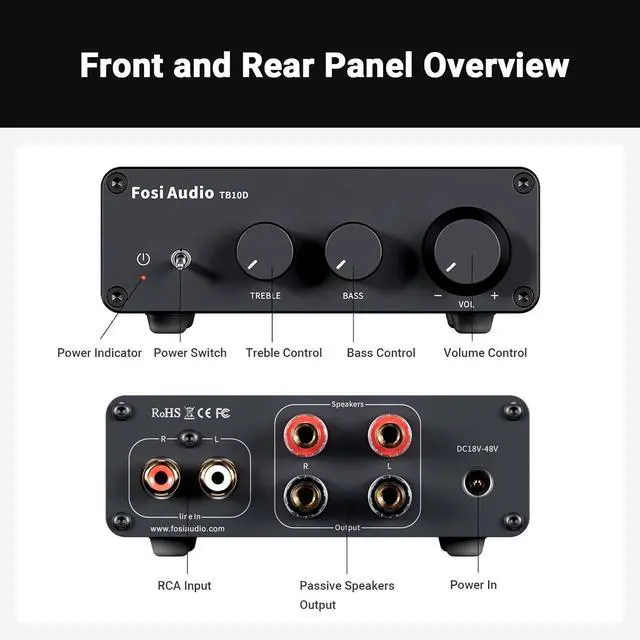 Alt view image 7 of 7 - TB10D 2 Channel Stereo Amplifier, Class D Mini Power Integrated Amplifiers 600W for Passive Speakers/Bass Shaker, Home Audio Component Desktop Amp Receiver TPA3255 with Bass Treble Control