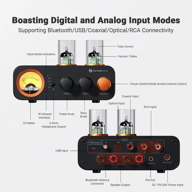 Alt view image 6 of 6 - MC331 Tube Integrated Amplifier with DAC, 2 Channel Home Audio Stereo Power Amp for HiFi Bookshelf Speakers/3.5mm Headphones, Vintage VU Meter Preamp with Bluetooth and USB/Opt/Coax/RCA