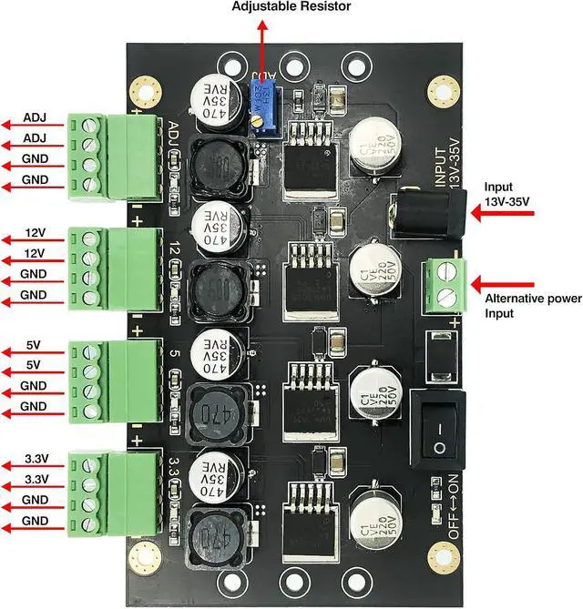 Alt view image 3 of 6 - 4 Channels LM2596 DC to DC Buck Converter Input 13-35V to 3.3V/5V/12/Adjustable Voltage Simultaneous Power Supply