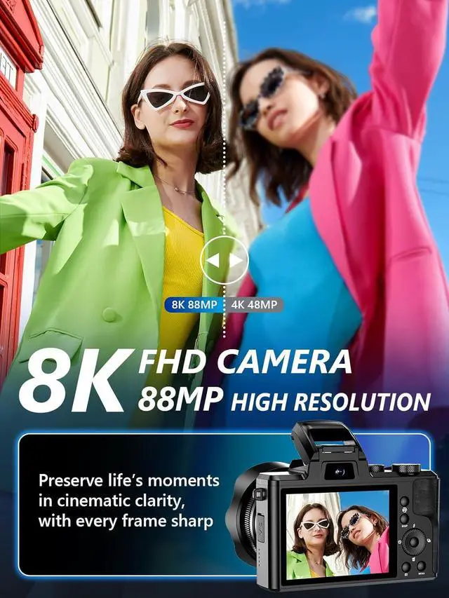 Alt view image 5 of 7 - 8K Digital Camera, 88MP WiFi Cameras for Photography with 3.2" Touchscreen, Autofocus, 16X Zoom, Anti-Shake, Dual Lens Vlogging Camera for YouTube, 2 Batteries, 64GB Card & Flash