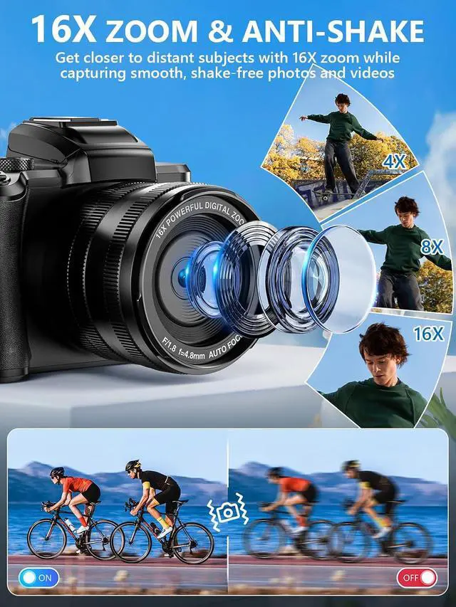 Alt view image 3 of 7 - 8K Digital Camera, 88MP WiFi Cameras for Photography with 3.2" Touchscreen, Autofocus, 16X Zoom, Anti-Shake, Dual Lens Vlogging Camera for YouTube, 2 Batteries, 64GB Card & Flash