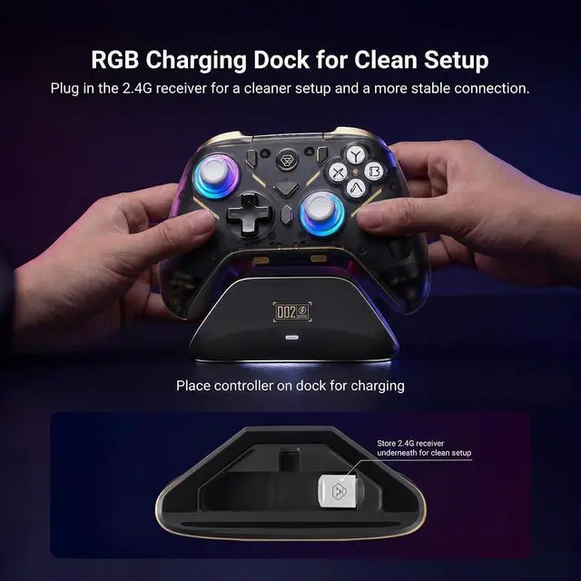 Alt view image 2 of 7 - K20 Tri-Mode Wireless Controller for Switch 2/Switch/Switch OLED/PC, Hall Effect Joysticks Gamepad with 1000Hz Polling, 3-Stage Hall Triggers, RGB Charging Dock, Detachable Back Buttons