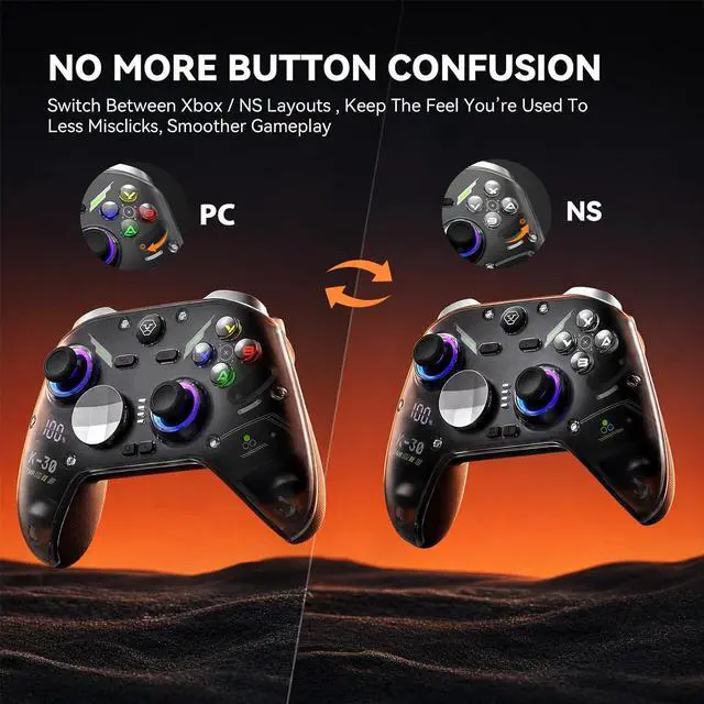 Alt view image 3 of 7 - K30 Wireless Gaming Controller for Switch, PC, iOS & Android, TMR Joysticks (Zero Drift), Hall Effect Triggers, Switchable ABXY Buttons, Back Buttons & RGB Lighting