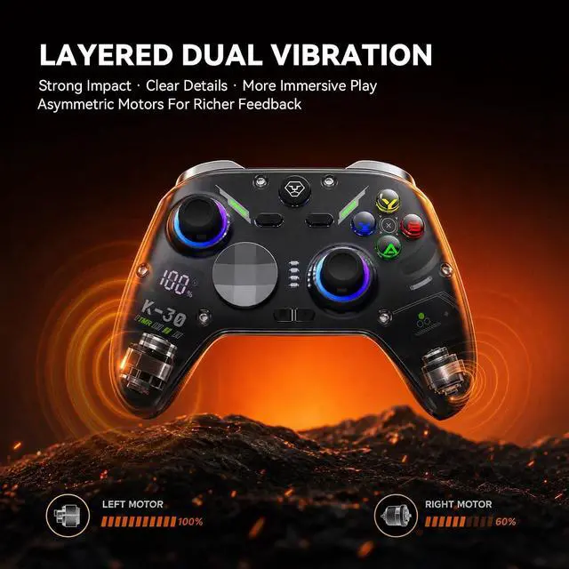 Alt view image 6 of 7 - K30 Wireless Gaming Controller for Switch, PC, iOS & Android, TMR Joysticks (Zero Drift), Hall Effect Triggers, Switchable ABXY Buttons, Back Buttons & RGB Lighting