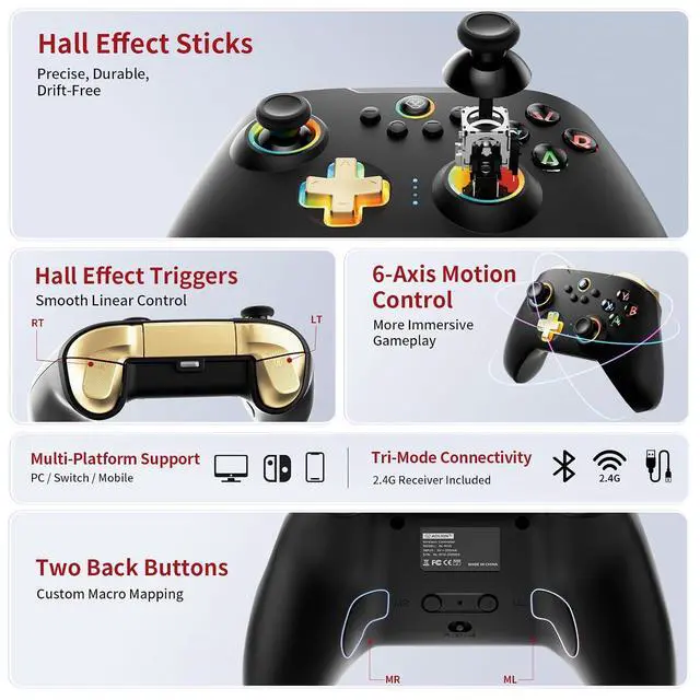 Alt view image 3 of 7 - N10 Wireless Controller Compatible with Switch/PC/iOS/Android, Hall Effect Joysticks, 1000Hz Polling Rate, Bluetooth/2.4G/Wired Gamepad, RGB Light, Back Buttons, Turbo, Motion Control