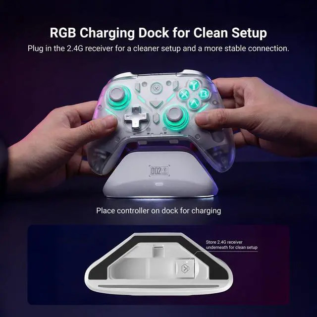 Alt view image 2 of 7 - Wireless Controller Compatible with Switch 2/Switch/OLED, Hall Effect Joysticks, 1000Hz Polling Rate, Tri-Mode Bluetooth/2.4G/Wired Gamepad with RGB Charging Dock