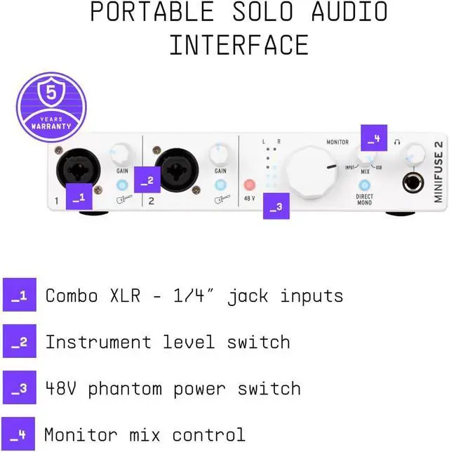Alt view image 3 of 7 - MiniFuse 2 - Compact USB Audio & MIDI Interface with Creative Software for Recording, Production, Podcasting, Guitar - White | 2 Combo Xlr and Trs Preamps with 48V, 5-Pin Midi I and O, USB Hub, Loopb