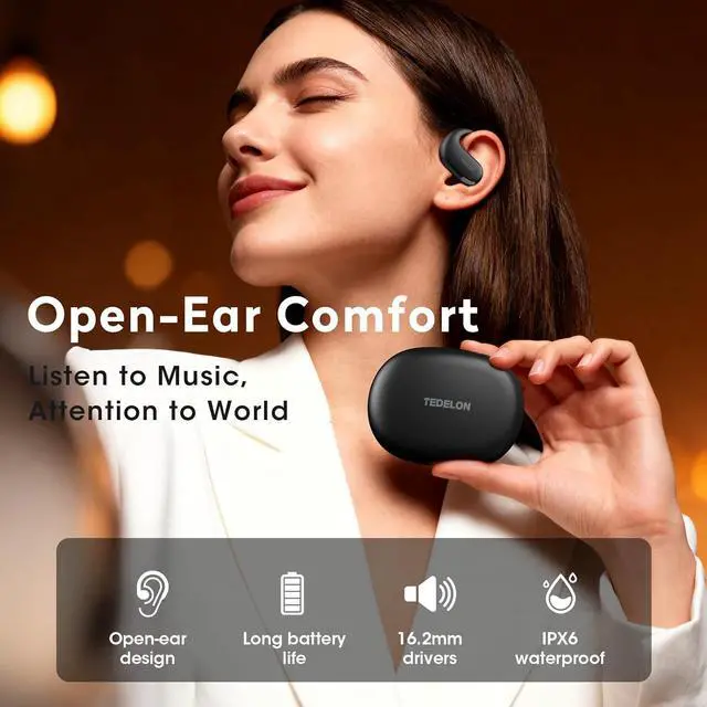 Alt view image 4 of 7 - Open Ear Earbuds, 50H Open Ear Headphones Bluetooth 5.4, IPX6 Open Ear buds Wireless with Adjustable Ear hook, Hi-res Stereo, AI Clear Call, Lightweight, Wireless Over Earbud for Workout, Gym, Running