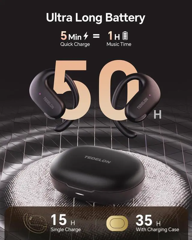 Alt view image 5 of 7 - Open Ear Earbuds, 50H Open Ear Headphones Bluetooth 5.4, IPX6 Open Ear buds Wireless with Adjustable Ear hook, Hi-res Stereo, AI Clear Call, Lightweight, Wireless Over Earbud for Workout, Gym, Running