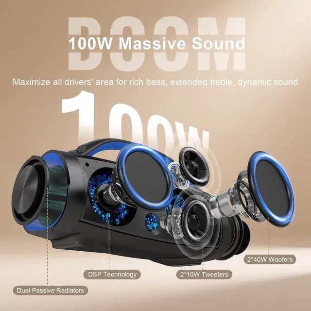 Alt view image 6 of 7 - Extreme Boom Pro 100W Loud Outdoor Speaker, 2+2 Channel, IPX6 Waterproof, Bluetooth 5.3, 20H Playtime, Dynamic Lights, Portable Speaker for Camping, Beach, Pool, Working Outside - Orange Blue