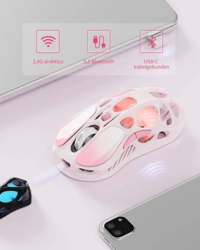 Alt view image 6 of 7 - Mercury M1 Pro Wireless Gaming Mouse, Lightweight Magnesium Alloy, 26,000 DPI, PAW3395DM Sensor, 5 Programmable Buttons, Support Wired/2.4GHz/BT, Up to 200 Hours Battery Life