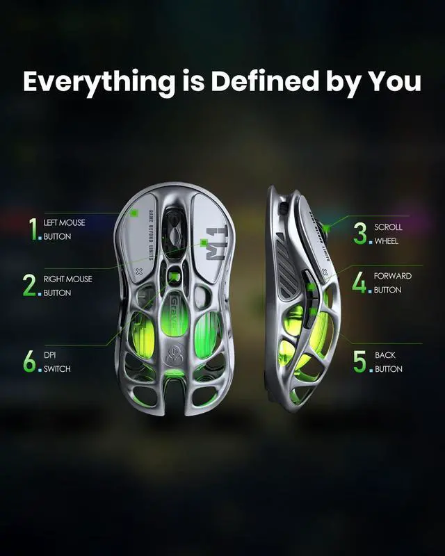 Alt view image 4 of 7 - Mercury M1 Pro Wireless Gaming Mouse, Lightweight Magnesium Alloy, 26,000 DPI, PAW3395DM Sensor, 5 Programmable Buttons, Support Wired/2.4GHz/BT, Up to 200 Hours Battery Life Gray