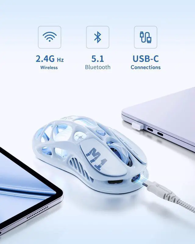 Alt view image 2 of 7 - Mercury M1 Pro Wireless Gaming Mouse, Lightweight Magnesium Alloy, 26,000 DPI, PAW3395DM Sensor, 5 Programmable Buttons, Support Wired/2.4GHz/BT, Up to 200 Hours Battery Life Ice Blue