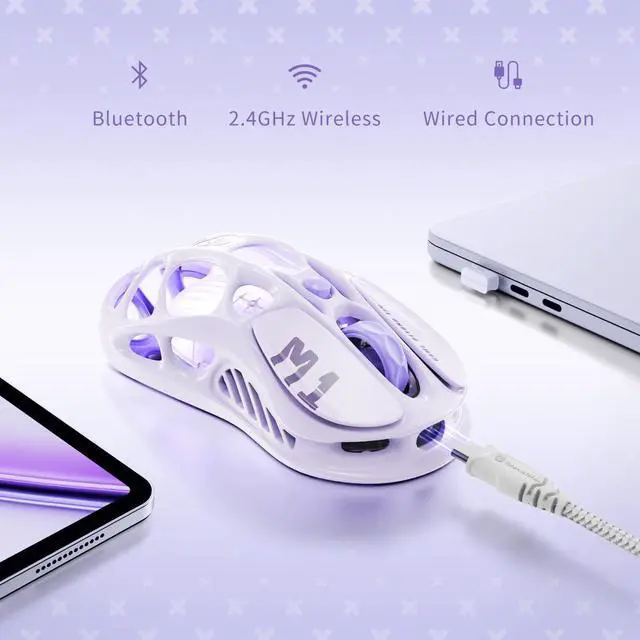 Alt view image 5 of 7 - Mercury M1 Pro Wireless Gaming Mouse, Lightweight Magnesium Alloy, 26,000 DPI, PAW3395DM Sensor, 5 Programmable Buttons, Support Wired/2.4GHz/BT, Up to 200 Hours Battery Life Purple